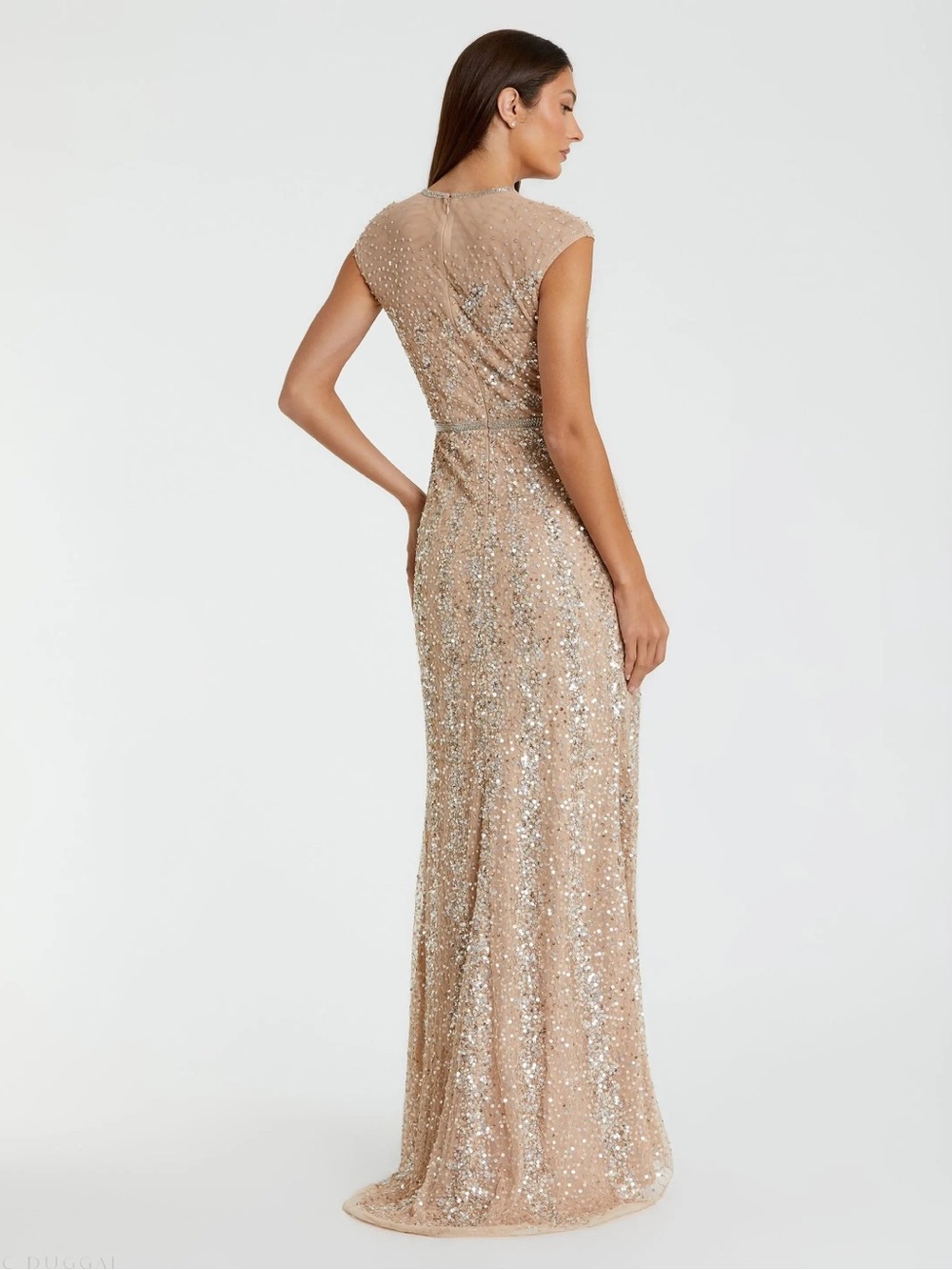 Mac Duggal 5619 Beige Embellished Illusion High Neck Cap Sleeve Gown Size 8 NWT - Picture 3 of 11